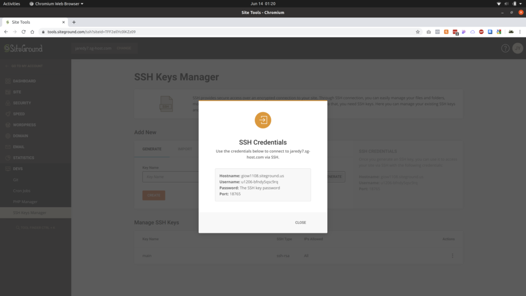 Popup window showing the SSH credentials for the newly made key