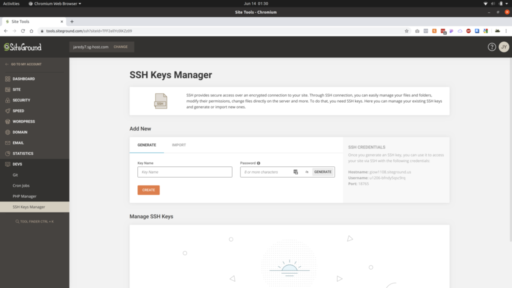 SSH Keys Manager page of SiteGround's site tools.