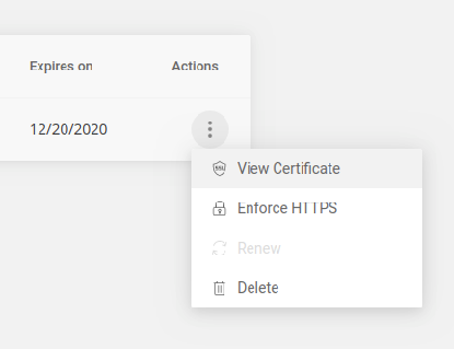 The action drop-down menu next to the newly created SSL certificate in SiteGround